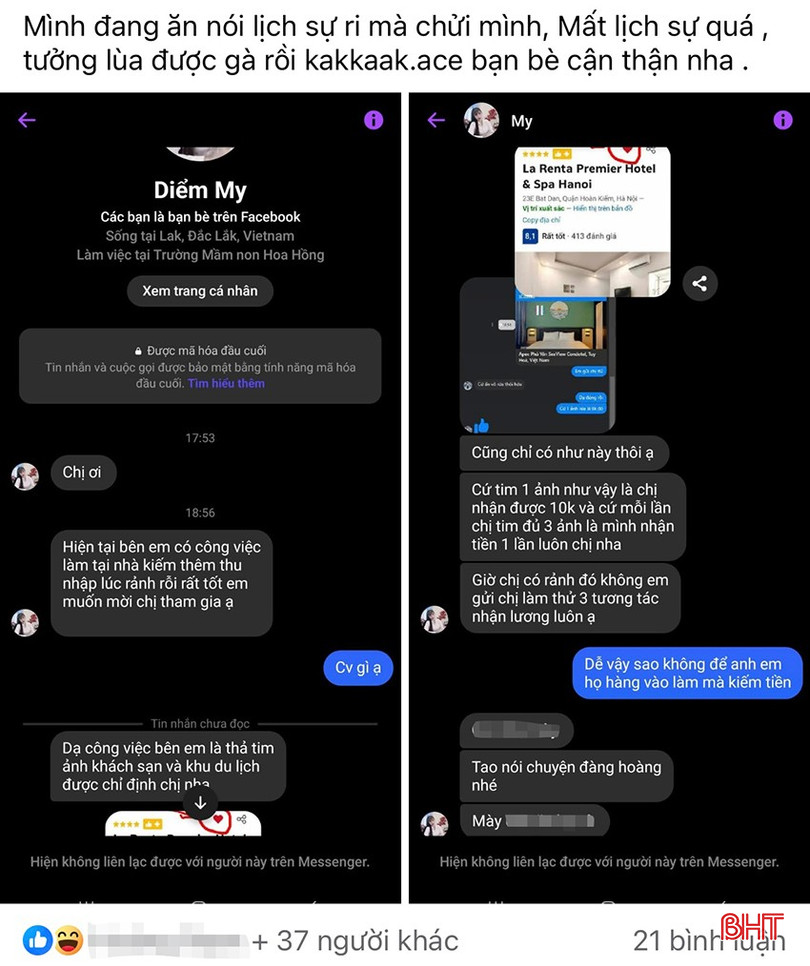 Chị H.T.H. ở Cẩm Xuyên chia sẻ bài viết lên Facebook để cảnh giác người thân, bạn bè. bqbht_br_img-5923-copy.jpg