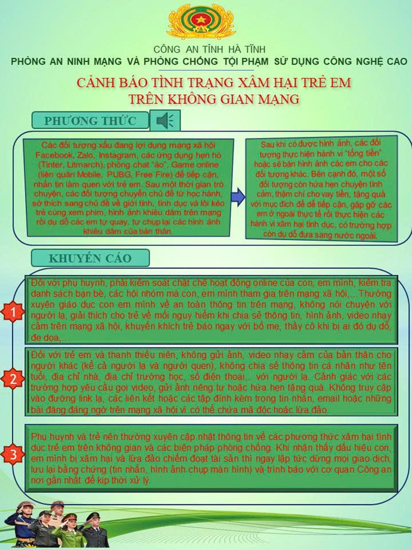 Phòng An ninh mạng và phòng, chống tội phạm sử dụng công nghệ cao (Công an tỉnh Hà Tĩnh) đưa ra cảnh báo về xâm hại trẻ em trên không gian mạng. z6755015354438-6887081f3a0e5c20af0539e902315db1.jpg