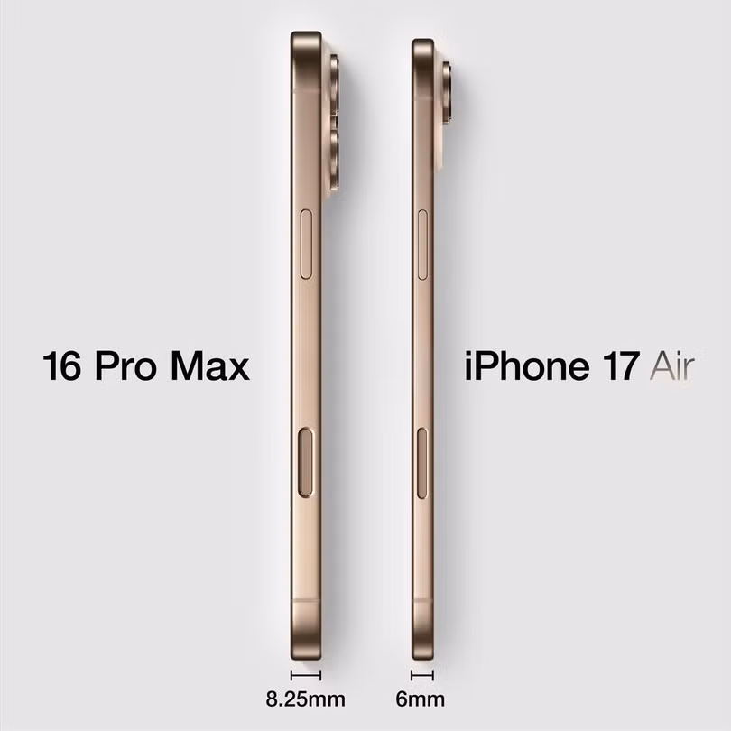 Ảnh mô hình so sánh độ dày của iPhone 16 Pro Max và iPhone 17 siêu mỏng. Ảnh: iDB.