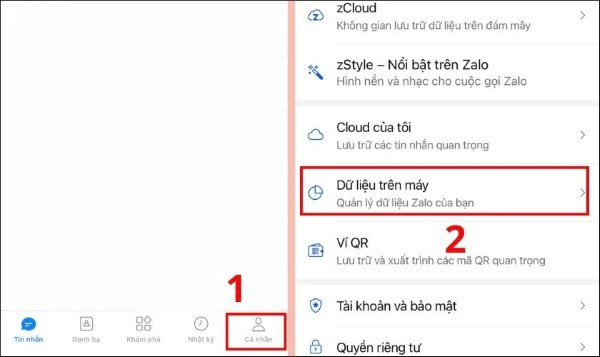 Mở Cá nhân &gt; chọn Dữ liệu trên máy