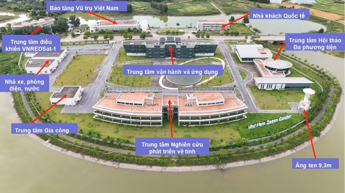 Toàn cảnh công trình Trung tâm Vũ trụ Việt Nam tại Khu công nghệ cao Hòa Lạc. Ảnh: VNSC