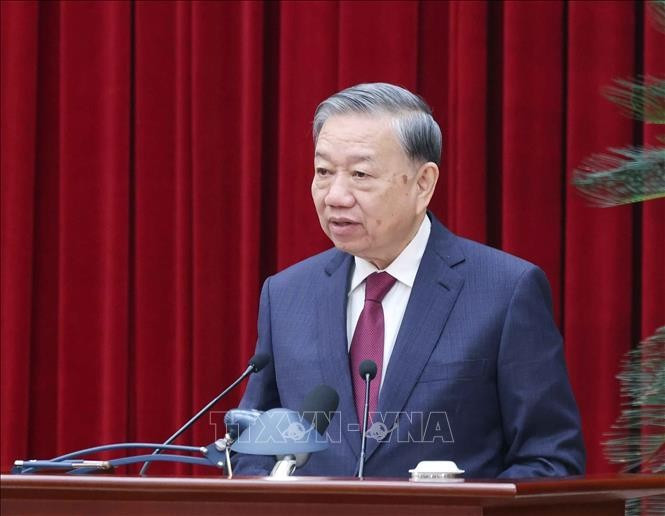 Tổng Bí thư Tô Lâm phát biểu bế mạc Hội nghị lần thứ 14 Ban Chấp hành Trung ương Đảng khóa XIII. Ảnh: Thống Nhất/TTXVN