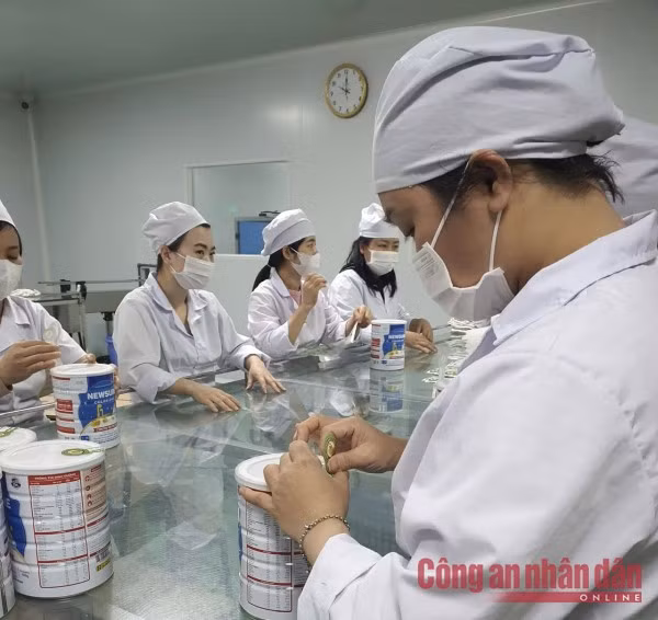 Công nhân sản xuất đang đóng nhãn mác thành phẩm các sản phẩm sữa bột giả.
