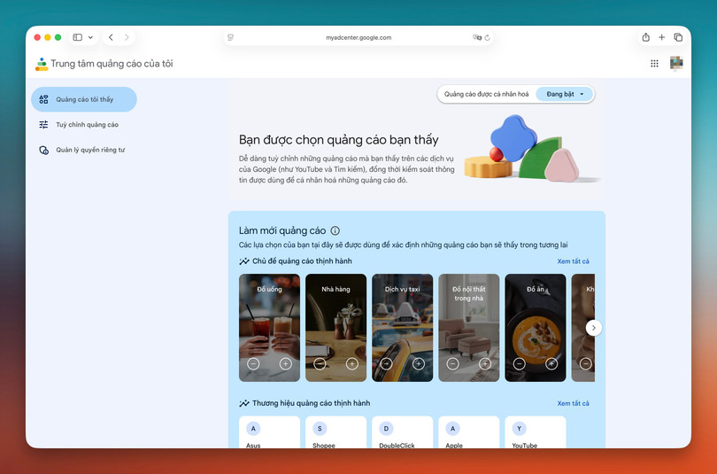 Màn hình tùy chỉnh thông tin quảng cáo cá nhân hóa trên Google.