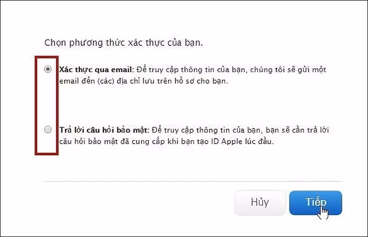 Bạn chọn hình thức khôi phục tài khoản và nhấn Tiếp tục