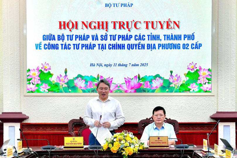 Bộ trưởng Bộ Tư pháp Nguyễn Hải Ninh và Thứ trưởng Mai Lương Khôi chủ trì hội nghị. Ảnh Baophapluat.vn 96da8972-503d-4d5b-b14e-742139368136.jpg