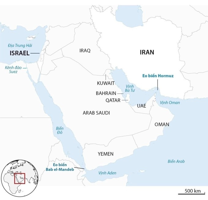 Vị trí eo biển Hormuz cùng các khu vực lân cận. Đồ họa: Guardian