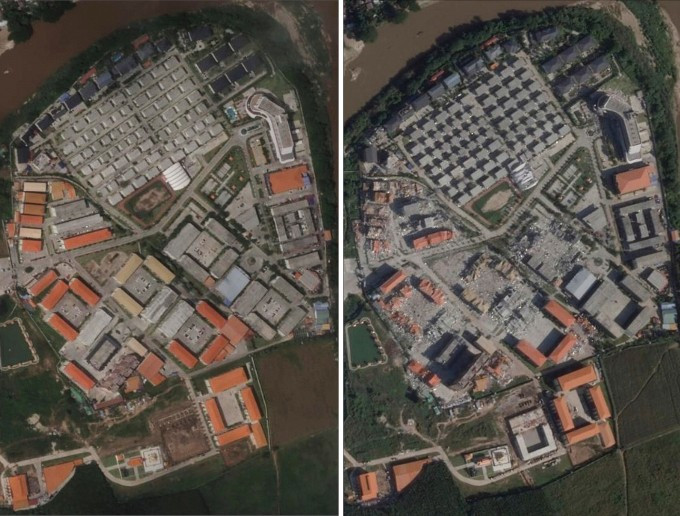 Ảnh chụp một phần khu phức hợp KK Park ngày 11/9 (trái) và ngày 14/11, cho thấy nhiều công trình vẫn nguyên vẹn. Ảnh: Planet