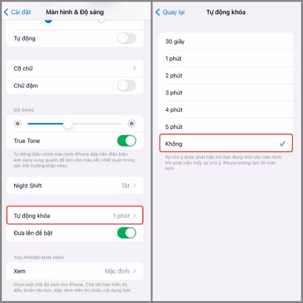 Chọn chế độ “Không” tại mục Tự động khóa