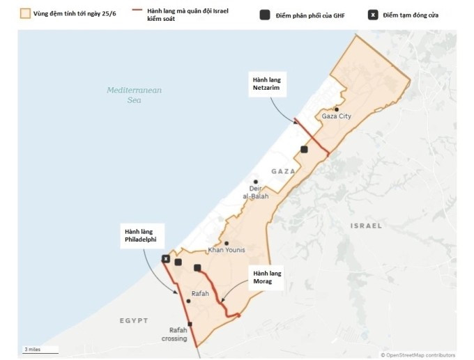 Vị trí các điểm phân phối của GHF ở Gaza. Đồ họa: NPR Vị trí các điểm phân phối của GHF ở Gaza. Đồ họa: NPR