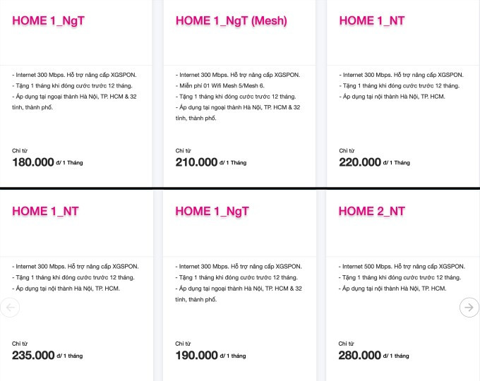 Giá thuê bao Internet tháng của một nhà mạng trước thay đổi (ảnh trên) và hiện tại. Ảnh chụp màn hình
