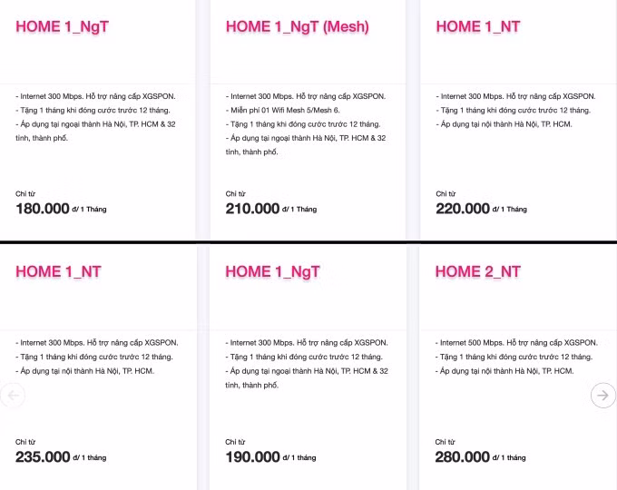 Giá thuê bao Internet tháng của một nhà mạng trước thay đổi (ảnh trên) và hiện tại. Ảnh chụp màn hình