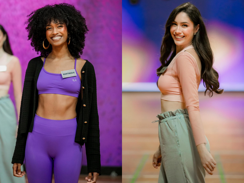 បេក្ខនារី Aurélie Joachim (ឆ្វេង) នៃ Martinique ចាប់អារម្មណ៍ជាមួយនឹងស្នាមញញឹមភ្លឺ និងសក់រួញរបស់នាង។ Jessica Pedroso (ស្តាំ) បវរកញ្ញាពិភពលោកប្រេស៊ីល អាយុ 24 ឆ្នាំ បច្ចុប្បន្នជាគ្រូបង្រៀនភាសាអង់គ្លេស បង្ហាញរូបរាងដ៏ស្វាហាប់របស់នាង។ Thí sinh Aurélie Joachim (trái) của Martinique gây ấn tượng với nụ cười sáng, mái tóc xù. Jessica Pedroso (phải), Miss World Brazil, 24 tuổi, hiện là giáo viên tiếng Anh, thể hiện vẻ năng động.