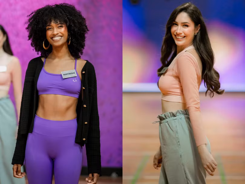 Thí sinh Aurélie Joachim (trái) của Martinique gây ấn tượng với nụ cười sáng, mái tóc xù. Jessica Pedroso (phải), Miss World Brazil, 24 tuổi, hiện là giáo viên tiếng Anh, thể hiện vẻ năng động.