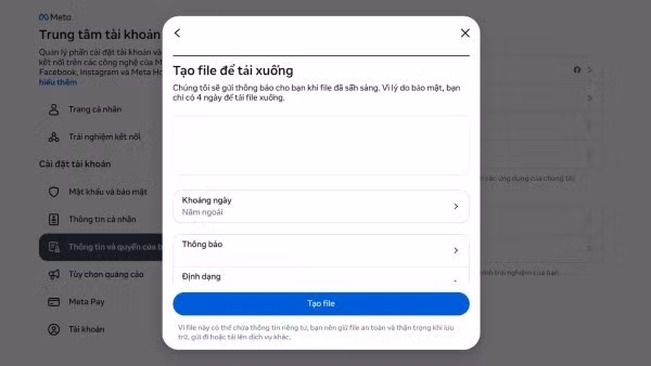 Facebook sẽ gửi file về email