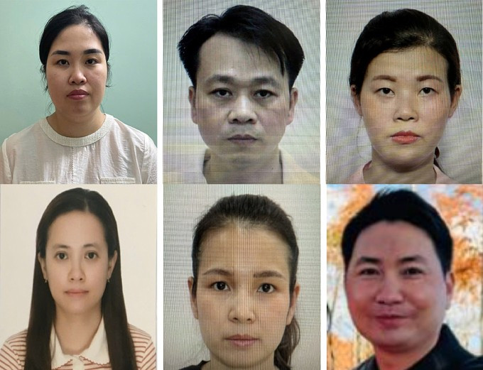 Bị can Phạm Thị Bích Phương, Trần Minh Tuấn, Nguyễn Thị Phương Thảo, Nguyễn Thị Phương Anh, Phạm Thị Bích, Đặng Tiến Đức (từ trái qua, từ trên xuống). Ảnh: Bộ Công an