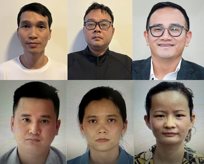 Bị can Phạm Văn Hùng, Trịnh Quốc Khánh và Đào Hữu Duy Anh, An Văn Bắng, Đào Thị Mai, Hoàng Thúy Hà (từ trái qua, từ trên xuống). Ảnh: Bộ Công an