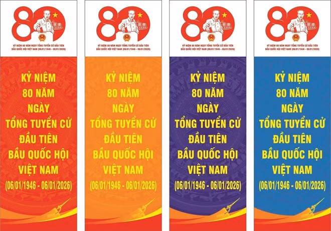 Mẫu thiết kế phướn dọc trong bộ nhận diện mẫu biểu trưng chính thức phục vụ công tác tuyên truyền các hoạt động Kỷ niệm 80 năm Ngày Tổng tuyển cử đầu tiên bầu Quốc hội Việt Nam (06/01/1946-06/01/2026). (Ảnh: TTXVN)