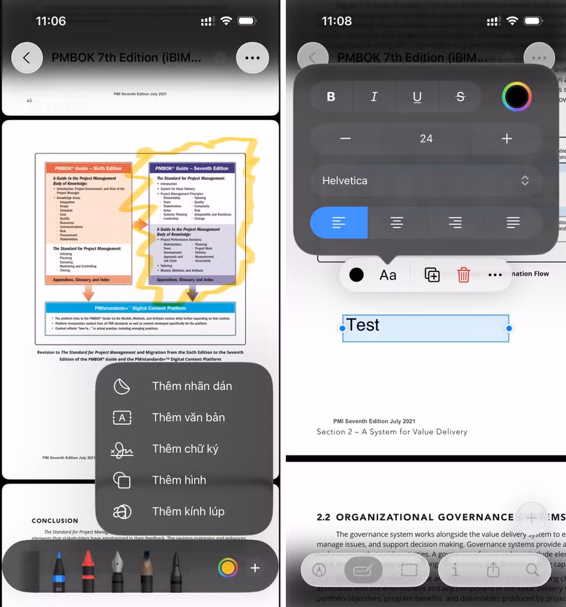 Giao diện chế độ Markup và chèn văn bản trong Preview trên iPhone.
