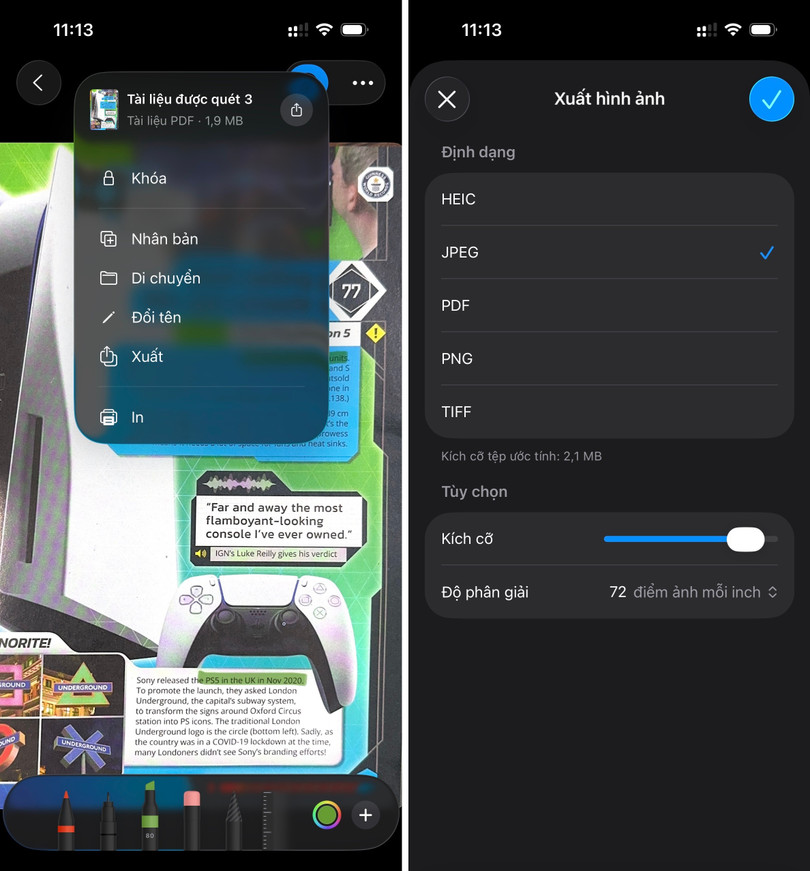 Bảng tùy chọn bổ sung và xuất tài liệu trong Preview trên iPhone. Bảng tùy chọn bổ sung và xuất tài liệu trong Preview trên iPhone.