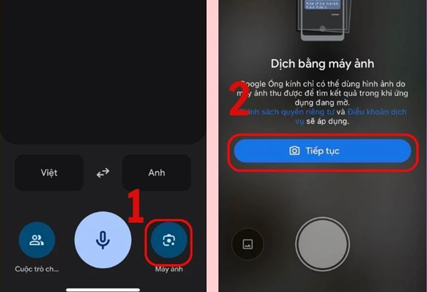 Nhấn vào biểu tượng Máy ảnh và chọn Tiếp tục