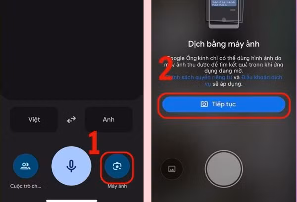 Nhấn vào biểu tượng Máy ảnh và chọn Tiếp tục