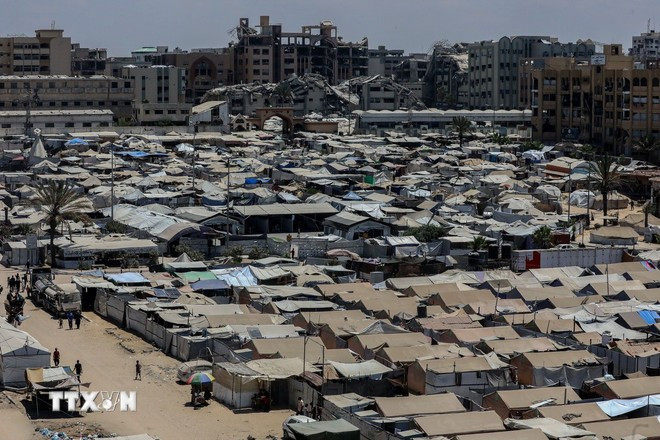 Lều trại cho người sơ tán lánh nạn Palestine tại thành phố Gaza ngày 4/8/2025. (Ảnh: THX/TTXVN) Lều trại cho người sơ tán lánh nạn Palestine tại thành phố Gaza ngày 4/8/2025. (Ảnh: THX/TTXVN)