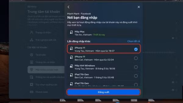 Nhấp vào thiết bị muốn đăng xuất