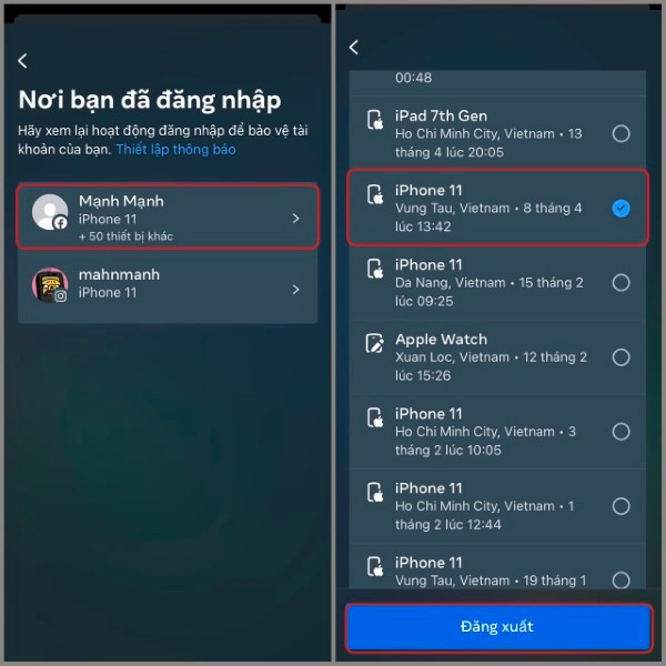Chọn Tài khoản của bạn và chọn thiết bị muốn đăng xuất Chọn Tài khoản của bạn và chọn thiết bị muốn đăng xuất