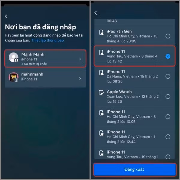 Chọn Tài khoản của bạn và chọn thiết bị muốn đăng xuất