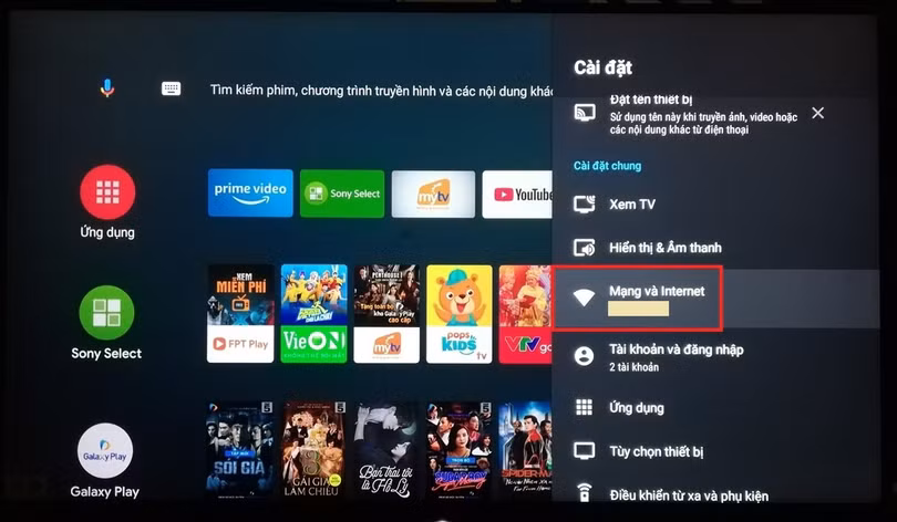 Chọn Mạng và Internet trong phần Cài đặt