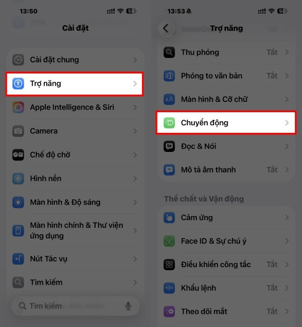 Mở Cài đặt → Trợ năng → Chuyển động Mở Cài đặt → Trợ năng → Chuyển động