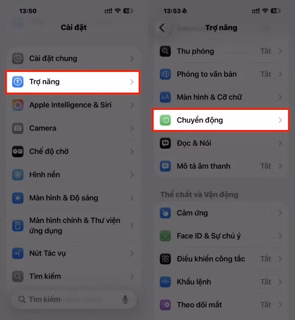 Mở Cài đặt → Trợ năng → Chuyển động