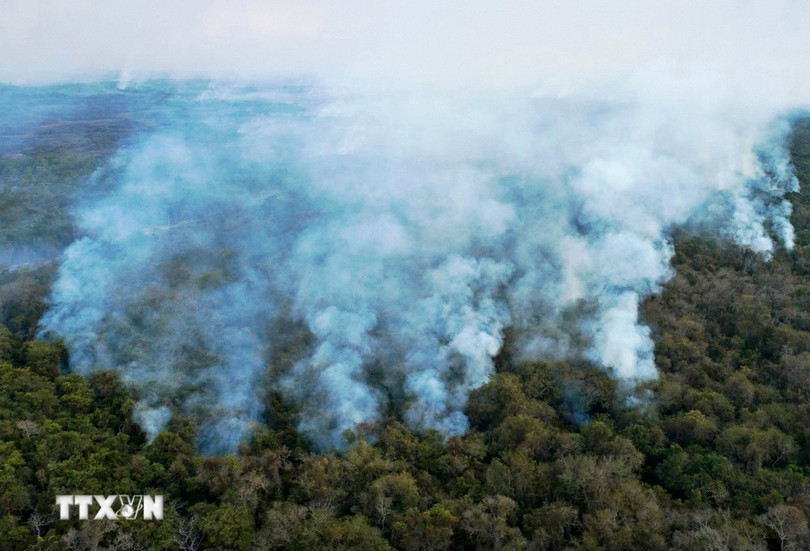 Khói lửa bốc lên từ hiện trường vụ hỏa hoạn ở khu vực Pantanal, bang Mato Grosso, Brazil, ngày 1/8/2020. (Ảnh: AFP/ TTXVN) Khói lửa bốc lên từ hiện trường vụ hỏa hoạn ở khu vực Pantanal, bang Mato Grosso, Brazil, ngày 1/8/2020. (Ảnh: AFP/ TTXVN)