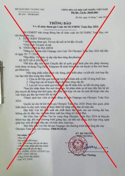 Văn bản giả mạo Bộ GD&amp;ĐT tổ chức cuộc thi Olympic Toán học năm 2024.