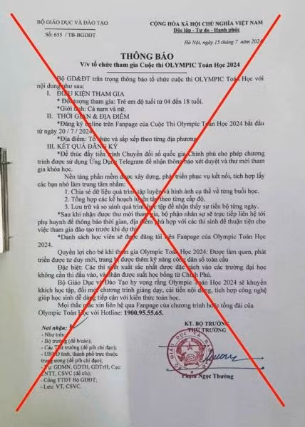 Văn bản giả mạo Bộ GD&amp;ĐT tổ chức cuộc thi Olympic Toán học năm 2024.