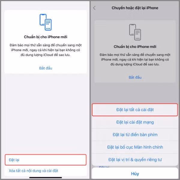 Nhấn Đặt lại > Đặt lại tất cả cài đặt