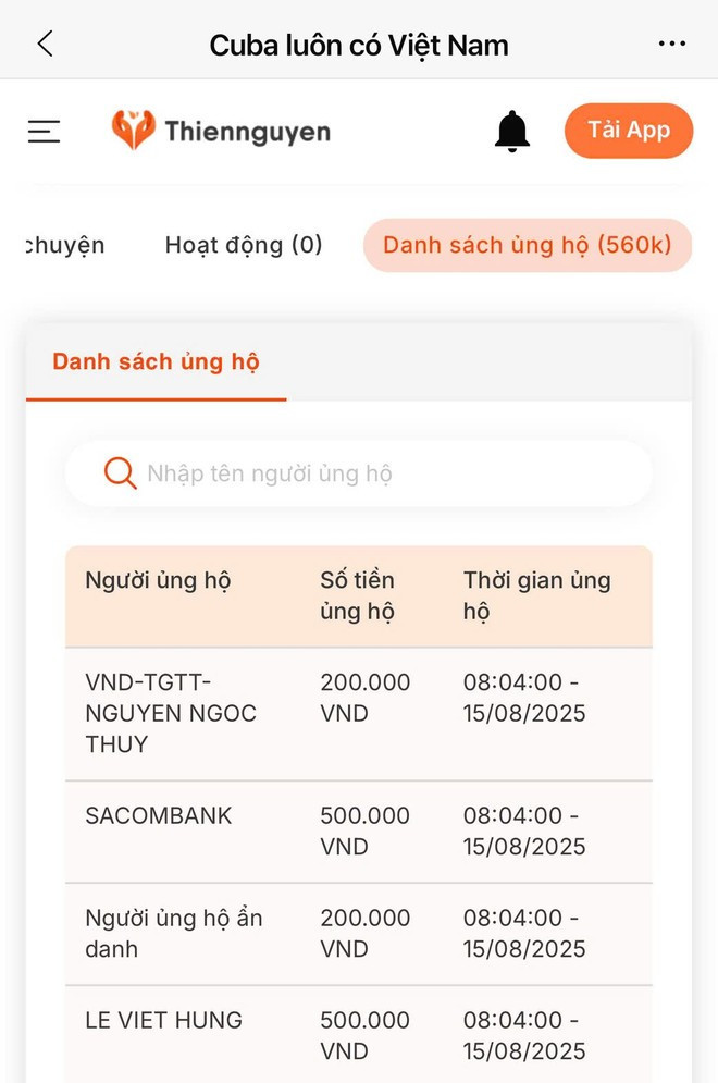 Số tiền ủng hộ và danh sách ủng hộ được cập nhập công khai.