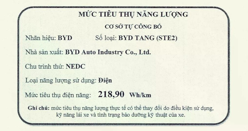 Nhãn năng lượng của BYD Tang được đăng ký tại Việt Nam. Nhãn năng lượng của BYD Tang được đăng ký tại Việt Nam.