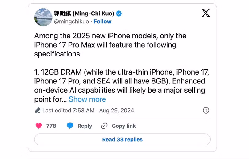 Dự đoán của Ming-Chi Kuo về iPhone 17 Pro Max.