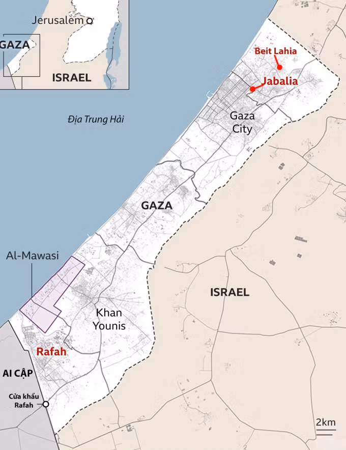 Vị trí thành phố Beit Lahia và Jabalia ở miền bắc Dải Gaza. Đồ họa: BBC