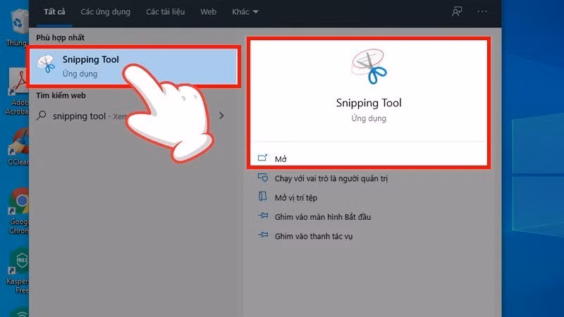 Bạn gõ tìm Snipping Tool trên Start.