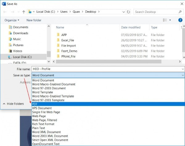 Chọn lưu file dưới dạng PDF
