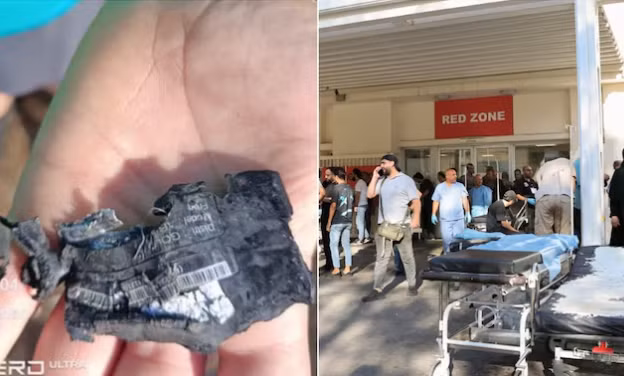 Hình ảnh được cho là một máy nhắn tin đã phát nổ ở Liban (trái) và cảnh người dân bên ngoài một bệnh viện ở Beirut sau loạt vụ nổ gây thương vong lớn. Ảnh: X