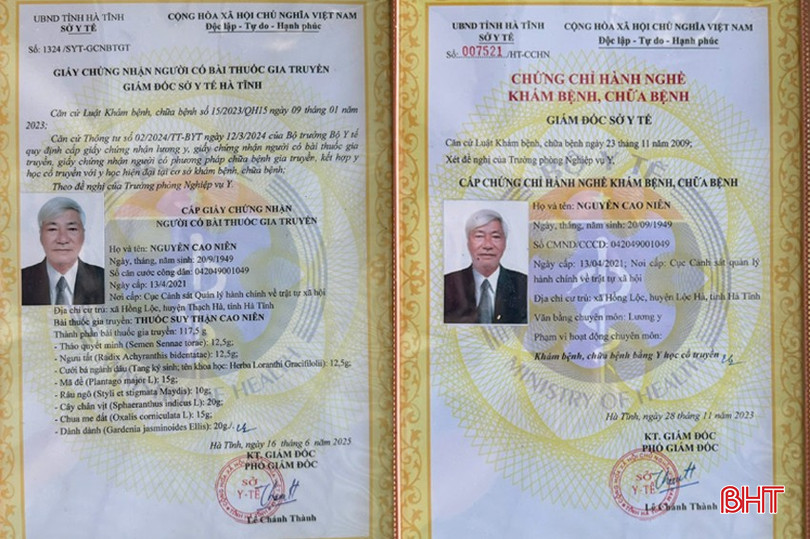 Sở Y tế cấp giấy chứng nhận hành nghề khám chữa bệnh và giấy chứng nhận người có bài thuốc gia truyền cho lương y Nguyễn Cao Niên. bqbht_br_789.jpg