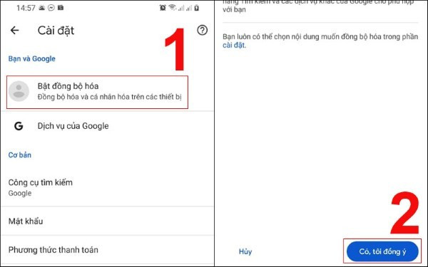 Nhấn Bật đồng bộ hóa Nhấn Bật đồng bộ hóa