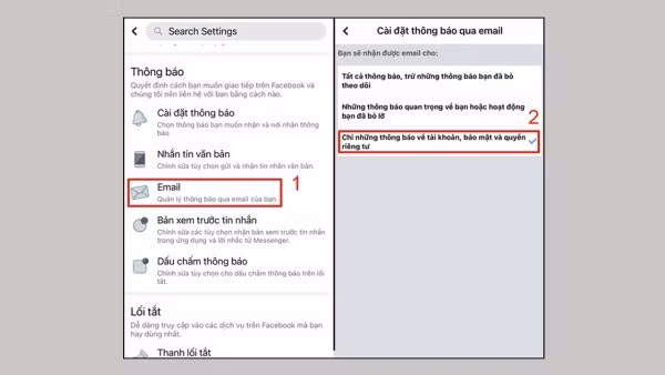 Chọn Chỉ những thông báo về tài khoản, bảo mật và quyền riêng tư