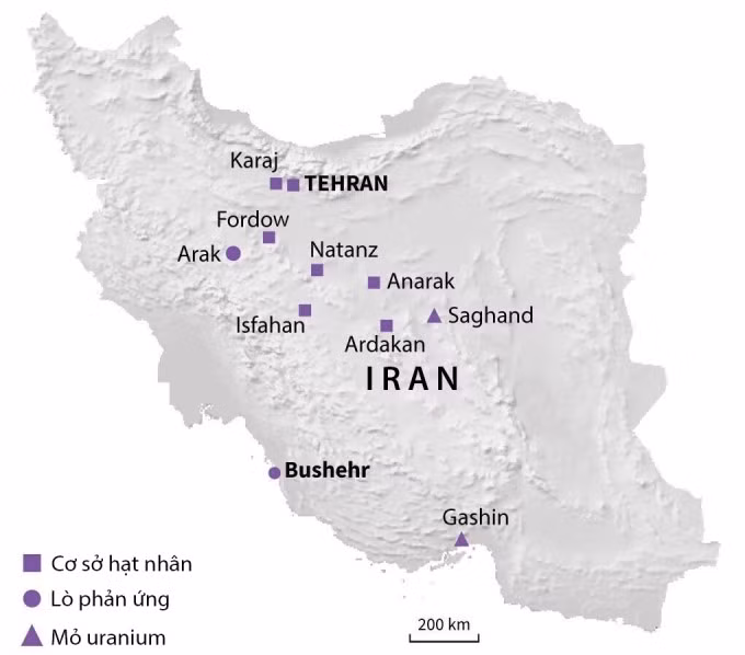 Vị trí nhà máy điện hạt nhân Bushehr và các cơ sở hạt nhân của Iran. Đồ họa: AFP