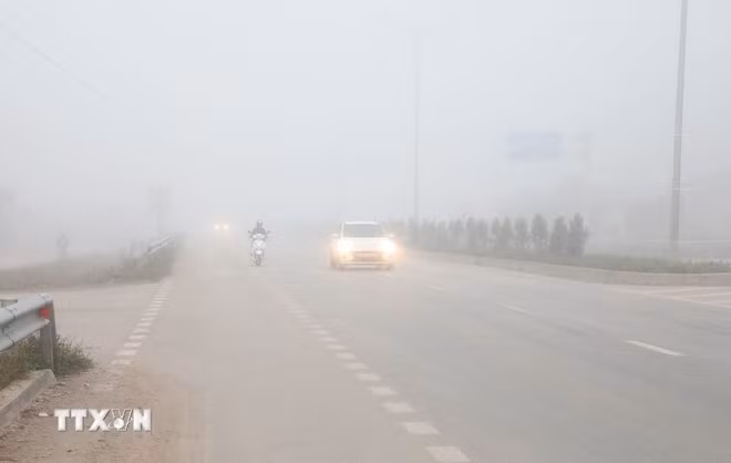 Cần bật đèn sương mù, đèn gầm; tuyệt đối không lấn sang làn đối diện để vượt khi trời sương mù bởi dễ gây va chạm đối đầu. (Ảnh: Văn Đạt/TTXVN)