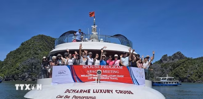 Du khách tham quan Vịnh Lan Hạ bằng du thuyền. (Ảnh: Minh Thu/TTXVN)